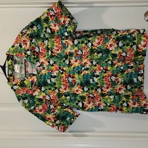 Disney Yellow Tropical Floral Mickey Short Sleeve Button Down
